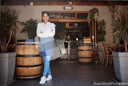 Image of Winery restaurant, proud business owner woman in portrait for food, drink and hospitality industry. Vineyard waitress worker, bartender or manager with service motivation, trust and leader experience