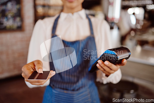 Image of Hand, customer payment using credit card, machine or 5g technology. Manager, sales or money ecommerce tech with coffee shop waiter help for finance, NFC to tap scan or contactless checkout for sale.