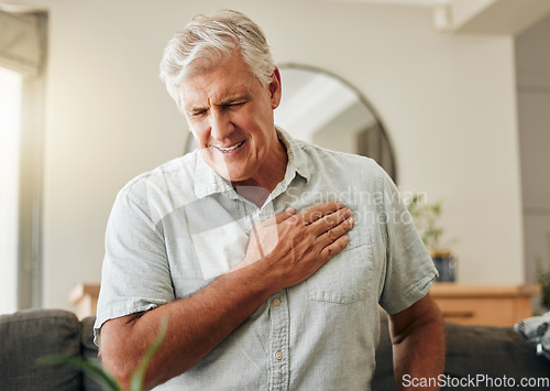 Image of Senior man, heart attack and stroke at home for emergency health risk, breathing problem and cardiology accident. Sick elderly male with chest pain cancer, cardiovascular disease and heartburn injury