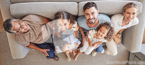 Image of Happy big family, smile on sofa and top view of generations, grandparents and parents spend time together in living room. Love, diversity and couple with girl kids, grandma and grandpa relax at home.