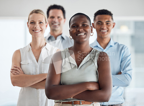 Image of Diversity, black woman and leader success of business workers together proud of company growth. Portrait of a happy, smile and corporate employee group with a staff manager and work community