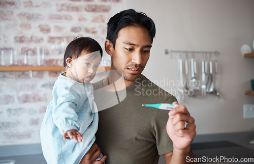 Image of Down syndrome, thermometer and parent worried about baby health, checking fever and temperature in a kitchen. Love, disability and child care with special needs newborn bonding with concerned father