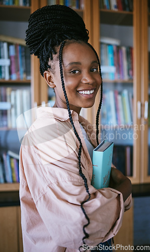 Image of Student, black woman and library books university, education and thinking or learning for knowledge, scholarship research. Portrait of young female studying, reading and lifestyle with gen z girl