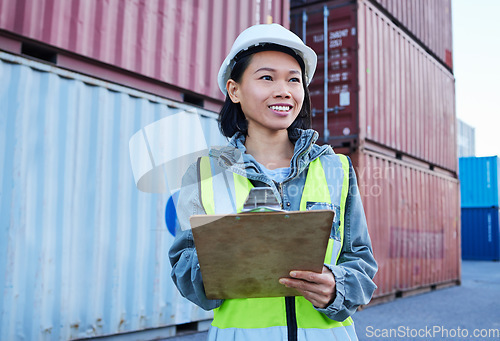 Image of Shipping, cargo and logistics management with woman wearing delivery and warehouse orders, inventory and stock control. Factory, checklist and ecommerce manager happy and smile at supply chain plant