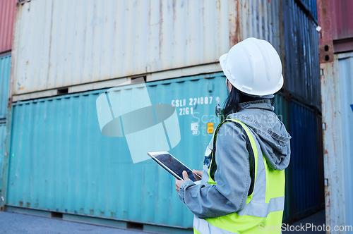 Image of Warehouse, ecommerce and shipping with woman on digital tablet for stock and delivery logistics. Factory, supply chain and industrial management of container and cargo, checking online checklist app
