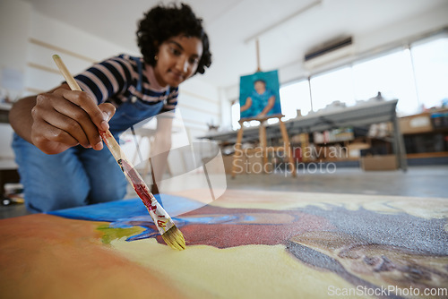 Image of Painting woman, paintbrush and artist studio floor working on watercolor oil paint fine art creativity design project. Talented, skill and canvas creative girl painter create inspiration vision ideas