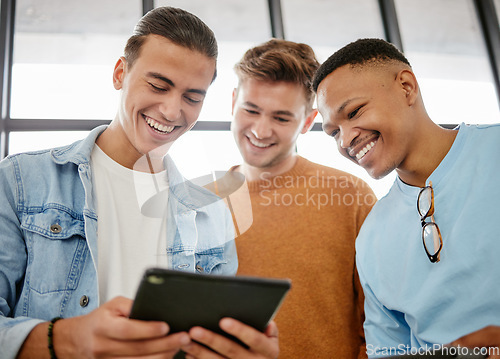 Image of Business men, tablet or digital marketing collaboration for creative startup brand, social media website or target audience research. Smile, happy students and collaboration diversity with technology