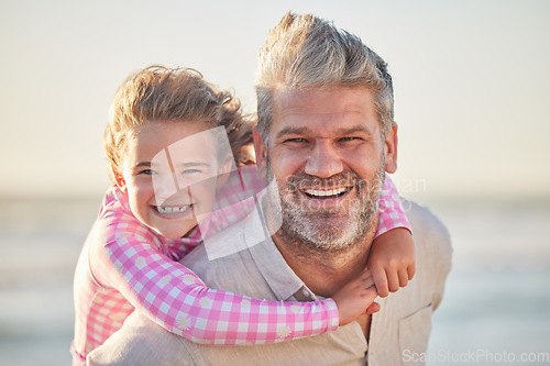 Image of Happy, father and girl being on back smile, laugh and playing together outside on trip. Parent, kid and child fun, enjoy and relax being playful and bonding on weekend, holiday and vacation at beach