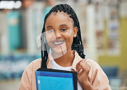 Image of Black woman portrait, university student and college campus to learning, studying and school education in Brazil. Happy young gen z girl with exam books, scholarship motivation and confident academic
