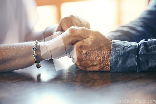 Image of Support, hope and old couple love holding hands together to show empathy, gratitude and solidarity in marriage. Trust, old man and elderly woman care, respect and help each other in retirement life