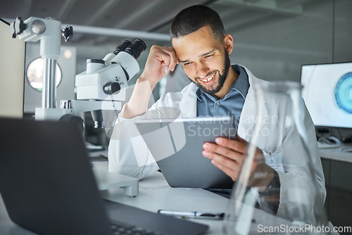 Image of Digital tablet, medical scientist and research on dna, rna and medicine innovation in a laboratory. Science expert doing test analysis with data results on biotechnology in a pharmaceutical lab.