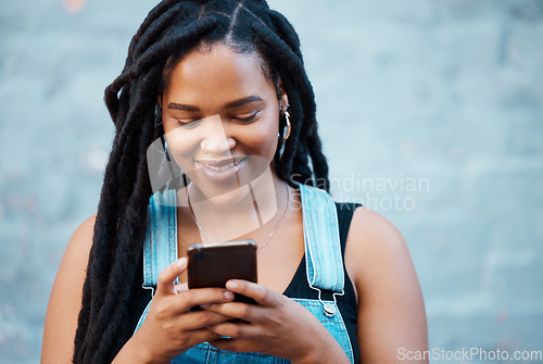 Image of Black woman, social media and city phone typing, contact and communication on smartphone technology in Jamaica city. Gen z girl mobile apps, connection and 5g web online with internet notification