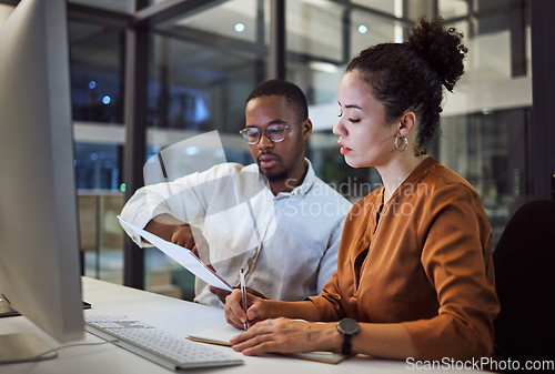 Image of Teamwork in New York office at night, business document reading together and professional accounting report. Black man with financial audit, showing latino woman figures and employee collaboration