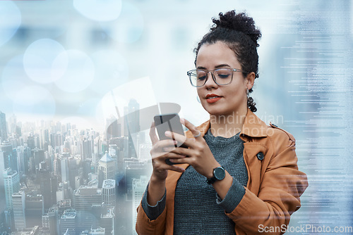 Image of City overlay, phone communication and black woman typing an email on a smartphone with digital ai for business. African corporate worker working on a cellphone for 5g internet connection at work