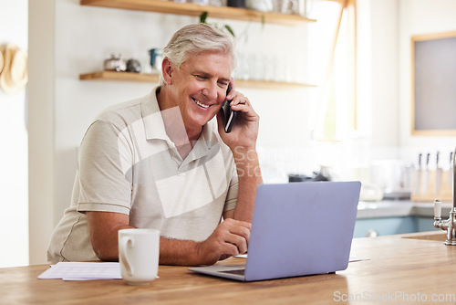 Image of Senior man, phone call and laptop home budget finances, online banking and planning for retirement savings, investment and insurance. Happy mature guy working, consulting and mobile admin connection