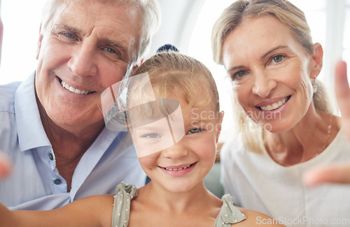 Image of Happy, love and selfie with girl and grandparents together for family, technology or internet. Contact, smile and portrait of child, old man and elderly woman with photo for media, care and social