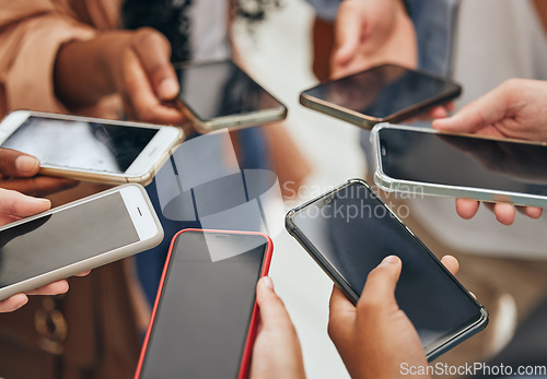 Image of People group hands, phone screen and social media mobile apps, typing and digital iot connection together. Closeup social network, internet website and 5g smartphone cloud computing technology online