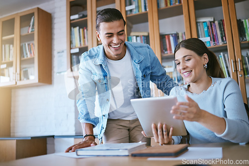 Image of College friends, students and library tablet research connect for campus, knowledge and 5g educational learning. Happy man, young woman and university study group planning digital tech project ideas