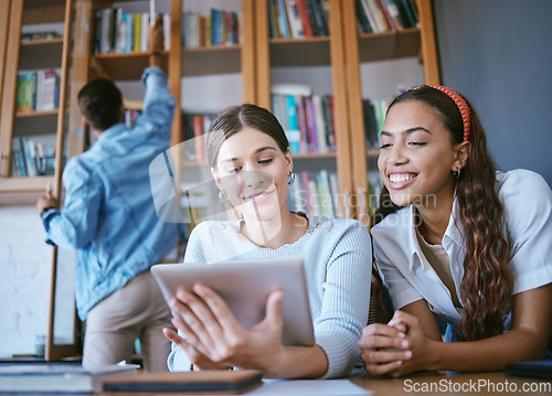 Image of University friends, women students and library tablet research connect for knowledge, learning and college education together. Happy youth, campus study group or planning digital project ideas online