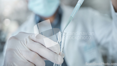Image of Laboratory man, hands and test tube dropper in medical research, cancer study or healthcare medicine innovation in covid insurance. Zoom on scientist or vaccine worker with science pipette equipment