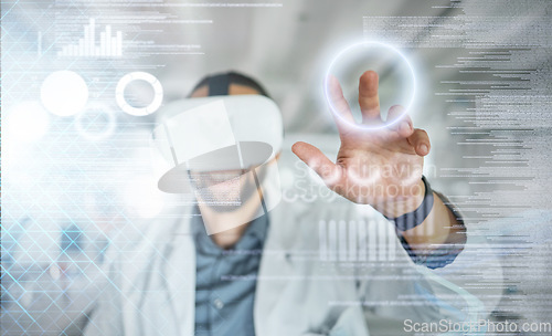 Image of Metaverse, overlay and science doctor in virtual reality headset for medical research and innovation on vr digital screen. Healthcare worker working on futuristic biology, dna and rna technology data