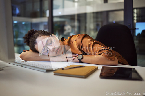 Image of Stress, burnout and sleeping business woman in modern office, workplace at night. Tired, lazy and frustrated employee, worker and black person in nap for depression, deadlines and mental health fail