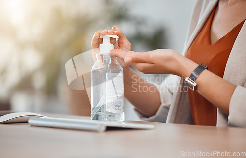 Image of Business woman hands sanitizer, covid hygiene and office protocol for healthcare safety, corona virus protection and cleaning compliance. Responsible work disinfection of germs, bacteria or flu risk