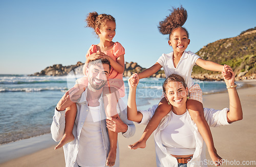 Image of Adoption, children and family beach portrait with interracial people enjoying Mexico holiday together. Love, support and care of foster parents giving happy kids a piggyback ride on ocean vacation.