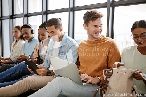 Image of Recruitment, hiring and students in waiting room for internship at startup company, talking and bonding on a floor. Interview, candidate and unemployed youth prepare for meeting with HR at agency