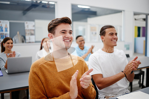 Image of Training, workshop and hands clapping by business people for speech presentation in office, happy and excited. Team, meeting and applause in support of motivation speech, innovation goal conference