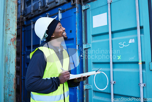 Image of Warehouse, shipping and cargo checklist with happy manager smiling and checking stock at factory plant. Logistics, supply chain and management by black man excited with ecommerce delivery container