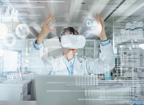 Image of VR, science and ux with a woman engineer working on research and innovation in a 3d lab with overlay. Digital, metaverse and virtual reality with a scientist at work on analytics in a laboratory