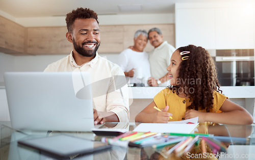 Image of Education, learning and father and child on laptop, distance learning at table at home together. Happy, girl and parent bond during homeschooling lesson, online educational program with happy family