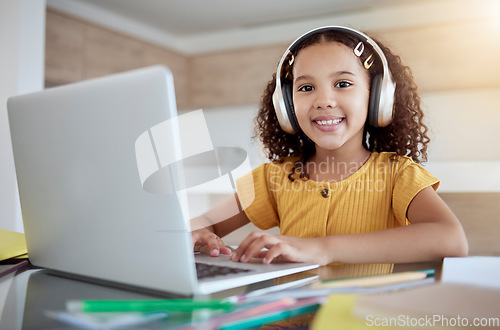 Image of Learning, typing and girl on laptop with headphones on internet class, online studying or web elearning. Homeschooling, education and happy kid or child smile busy working on webinar course homework.