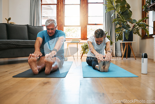 Image of Yoga stretching, home workout and mature couple fitness in living room for wellness, exercise and healthy lifestyle in Australia. Senior man, relax woman and pilates training, energy and strong body