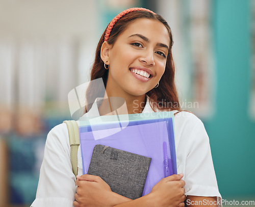 Image of Student, notebooks and motivation for education, learning and study on Mexico school campus. Portrait, smile and happy woman with homework, university library research and future success scholarship