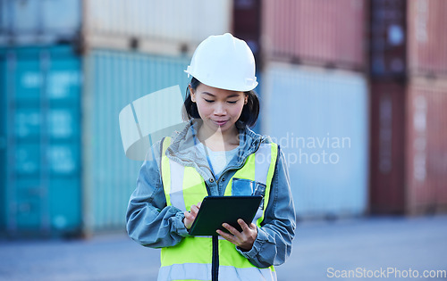 Image of Shipping, container and logistics management by woman on digital tablet stock and cargo checklist supply chain. Factory, industry and delivery by asian woman check warehouse ecommerce online order