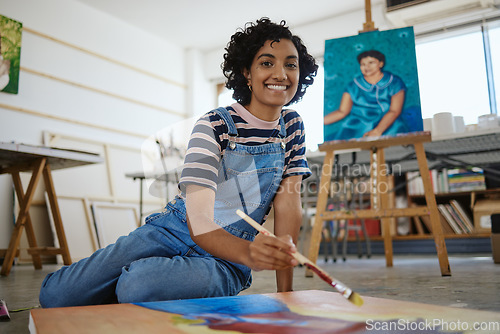 Image of Woman, painter and art in creative workshop with happy smile for freelance in colorful arts and talent. Portrait of a freelancer female artist painting on a canvas smiling in studio for creativity