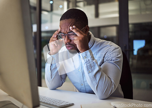 Image of Stress, headache and black businessman on night office computer with 404 software glitch, cybersecurity hack and website seo mistake. Burnout, anxiety and mental health technology programmer in pain