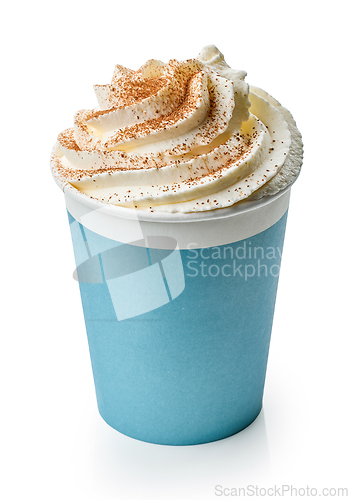 Image of latte coffee drink in take away cup decorated with whipped cream