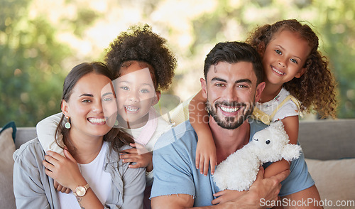 Image of Family, mother and father with foster children hugging in a happy portrait together love sharing quality time together. Girls, dad and mom are proud adoption parents of cute kids enjoying the weekend