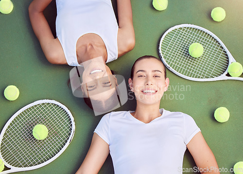 Image of Tennis, women and relax portrait from above on sports court with friends resting together on floor. Women athlete team with happy, young and cheerful people on fitness break at tournament training.