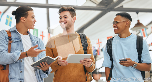 Image of Student, friends and talking of university happy students diversity together using technology. Smile and speaking man friend group with happiness at an world and global event showing community