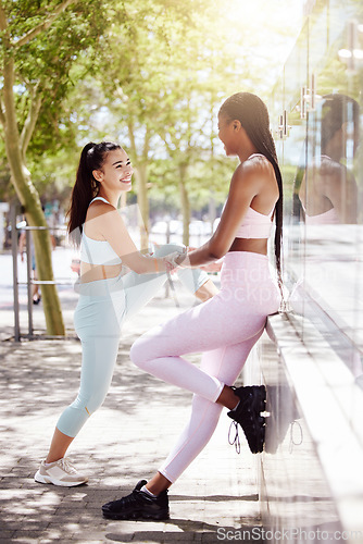 Image of Fitness, health and friends stretching before outdoor run or cardio workout together in nature. Happy, motivation and interracial women outside for exercise with wellness, healthy and sport lifestyle