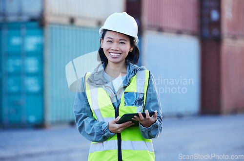 Image of Cargo, shipping and warehouse woman manager on digital tablet at factory plant, logistics supply chain management. Portrait, happy and online ecommerce orders asian inspector control stock delivery