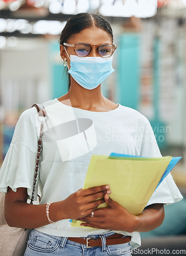 Image of College student, woman and covid face mask for university, education and learning. Portrait of young campus female safety in corona virus pandemic, flu bacteria or health safety while studying school