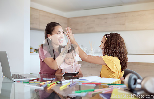 Image of Learning, mother and child high five for home education success for a school students project, task and homework. Smile, celebration and happy mom babysitting a toddler and teaching her creative girl
