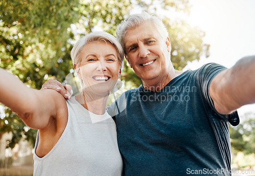 Image of Retirement, fitness and selfie with couple in nature together for health, wellness and exercise. Smile, motivation and sports training with old man and elderly woman for workout, running and happy