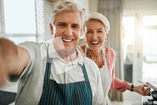 Image of Selfie, senior couple and cooking in kitchen with smile, laugh and fun at their house prepare lunch together. Pov, elderly, man and woman baking in their home romantic, loving and bonding with food.