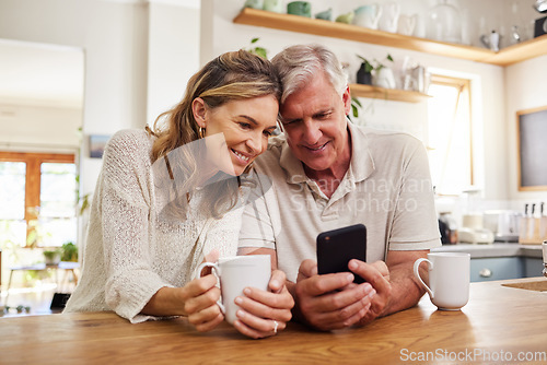 Image of Senior couple on smartphone reading online social media post, search holiday house website or retirement planning inspiration with home wifi. Happy elderly pension people with cellphone chat app